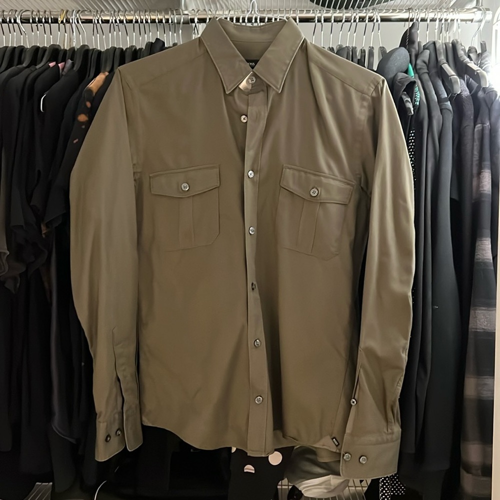 BOSS Army Green Long Sleeve Dress Shirt Double-Pocket Military Style, Size Small
